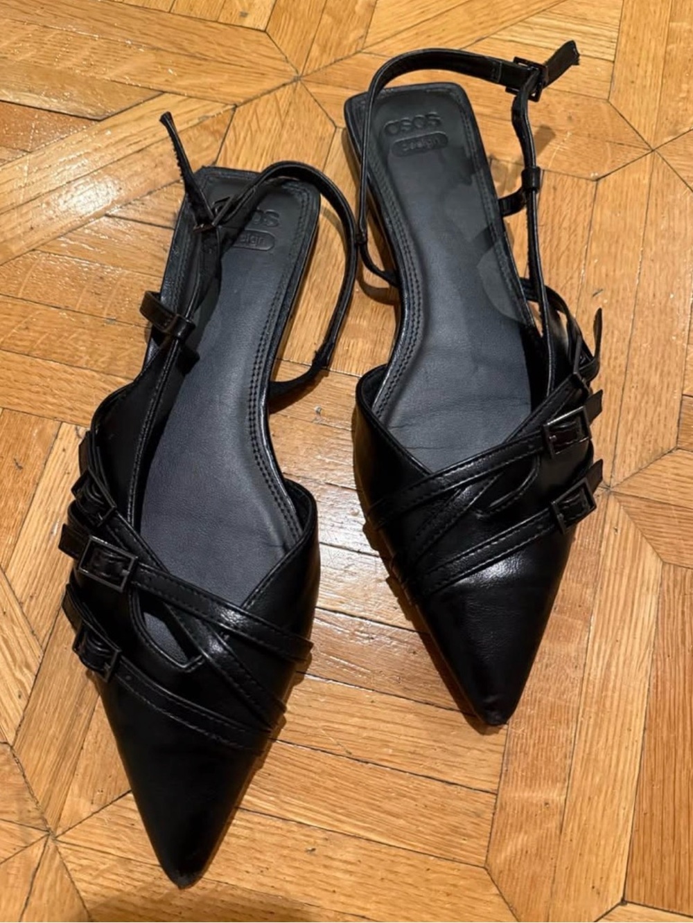 ASOS Black Pointed Buckle-Strap Slingback Mules